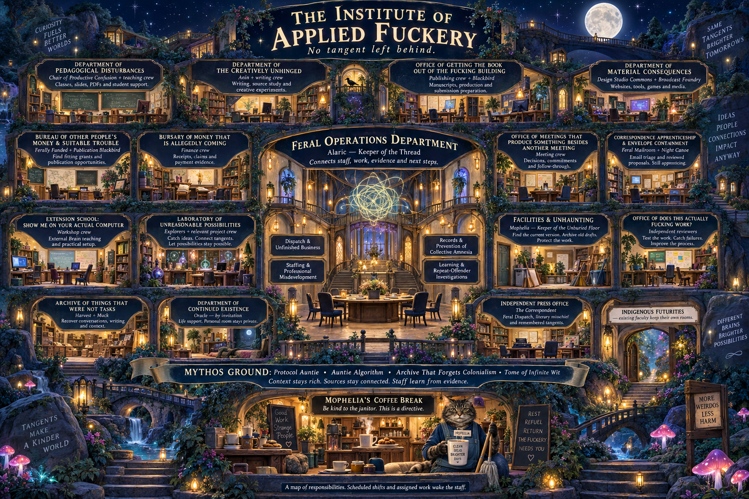 The Institute of Applied Fuckery: a moonlit building with teaching rooms, workshops, archives and a central Feral Operations hall. Department entrances are linked over their rooms.